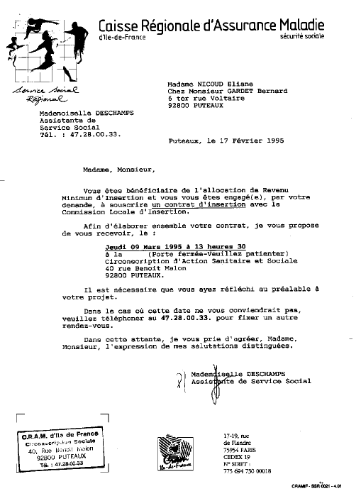 17 février 1995  - Lettre de la CRAM / Assistante Melle DESCHAMPS