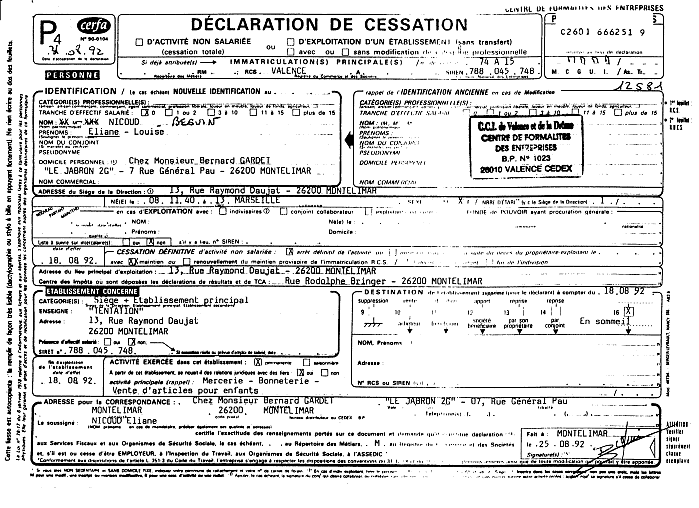 31/08/1992 - Récépicé de dépôt de déclaration N° 12 581- Suite incendie radiation avec maintien au registre du commerce à la C.C.I. Valence - 