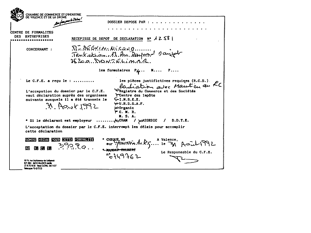 31/08/1992 - Récépicé de dépôt de déclaration N° 12 581- Suite incendie radiation avec maintien au registre du commerce à la C.C.I. Valence - 