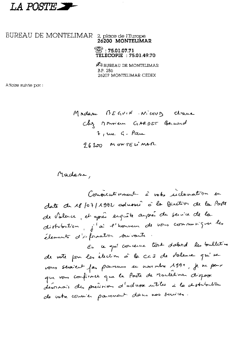 Réponse du 23 octobre 1992 de la Poste Montélimar / L'Inspecteur J.P. MÈGE.