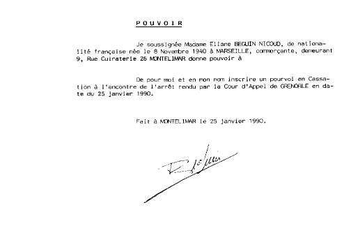 Ribeyre D'Abrigeon + POURVOI contre l'arret rendu par la Cour d'Appel de Grenoble le 25 janvier 1990 - à signer