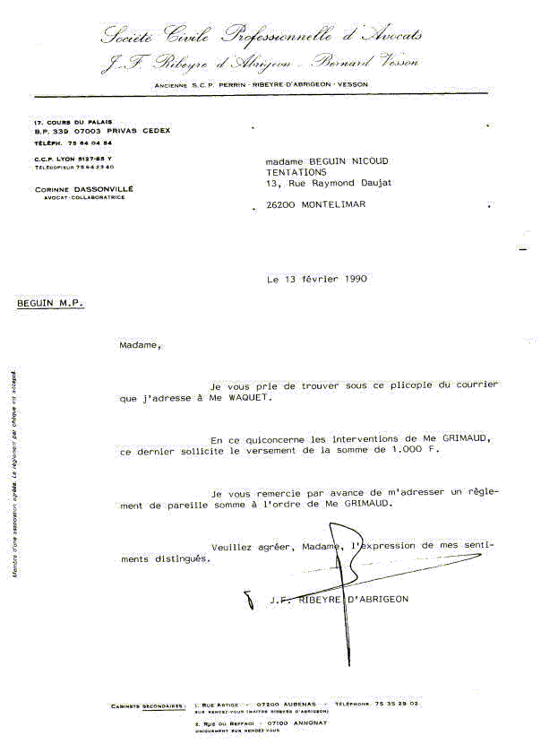 copie de la lettre à  Waquet Philippe avocat à la Cour de Cassation Paris