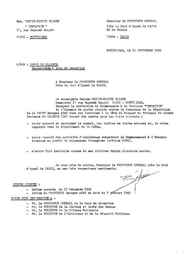 Plainte du 10/09/1992 contre le procureur Georges APAP