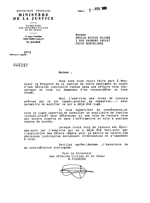02 février1989 - Réponse de la Direction Affaires Civiles et du Sceau - M.TISSEYRE - 