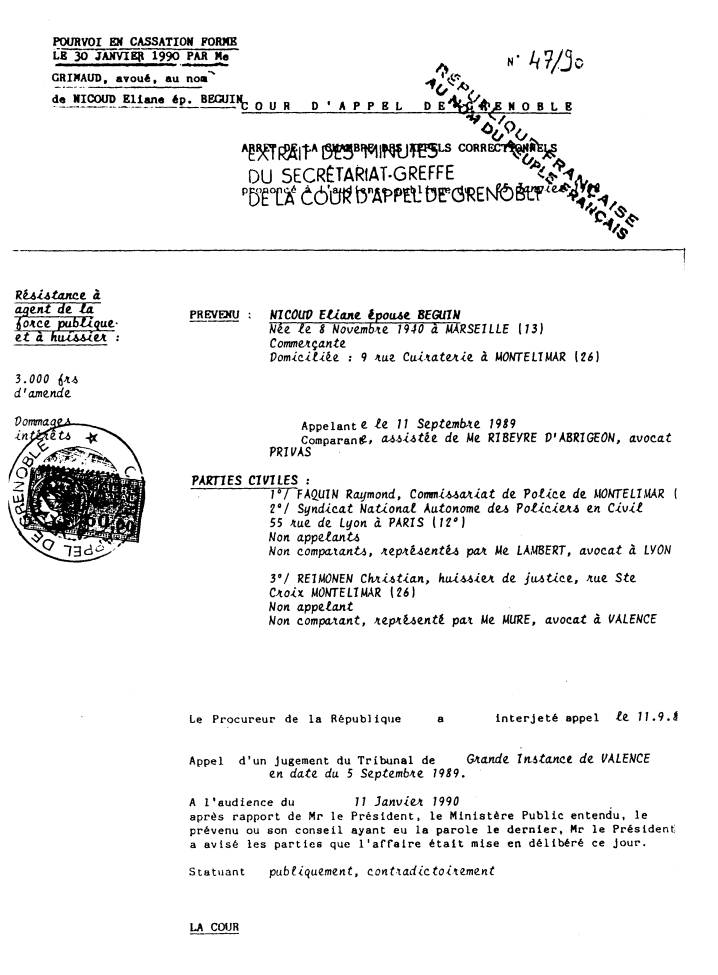 Condamnation de la Cour d'Appel de Grenoble en date du 25 Janvier 1990, par le Président SARRAZ-BOURNET -