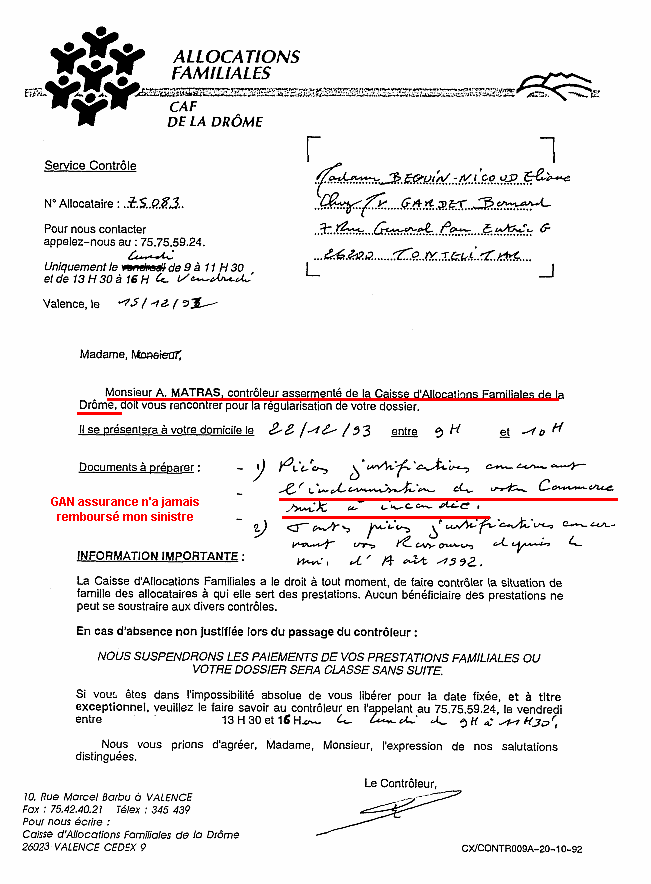 15 DEC. 1993 : Lettre de l'Enquêteur A. MATRA - CAF de Montélimar