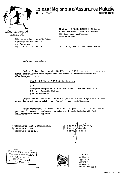 20 février 1995 - CRAM Ile-de-France - Convocation de la CRAM /Thouvenin & M.Van Quackebeke