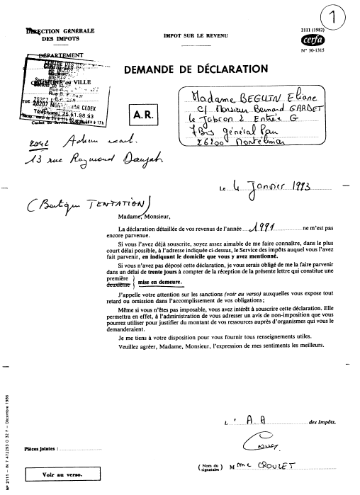 05/01/93 - Mise en demeure pour absence déclaration revenus 1991 - 