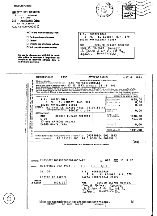 29/01/1994 - Reçois lettre rappel pour paiement de la taxe professionne