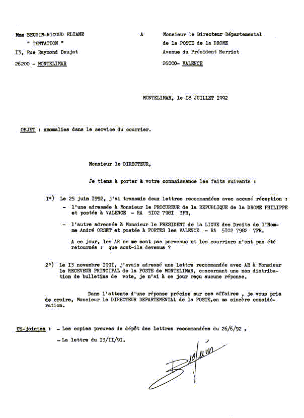 Lettre du 18 juillet 1992  à la Direction départementale/Poste de la Drôme.