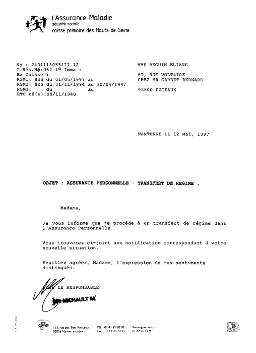 12 mai 1997 - CPAM  Assurance Personnelle, Mme MICHAULT M.
