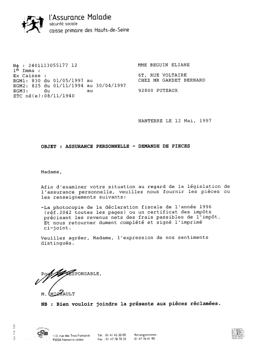 12 mai 1997 - CPAM  Assurance Personnelle, Mme MICHAULT M.