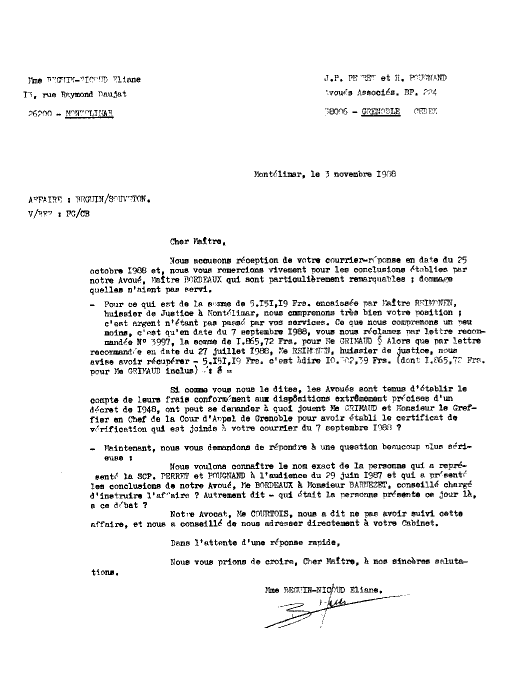  03 NOV. 1988 - J'expdie lettre AR LR 0129  Perret et Pougnand