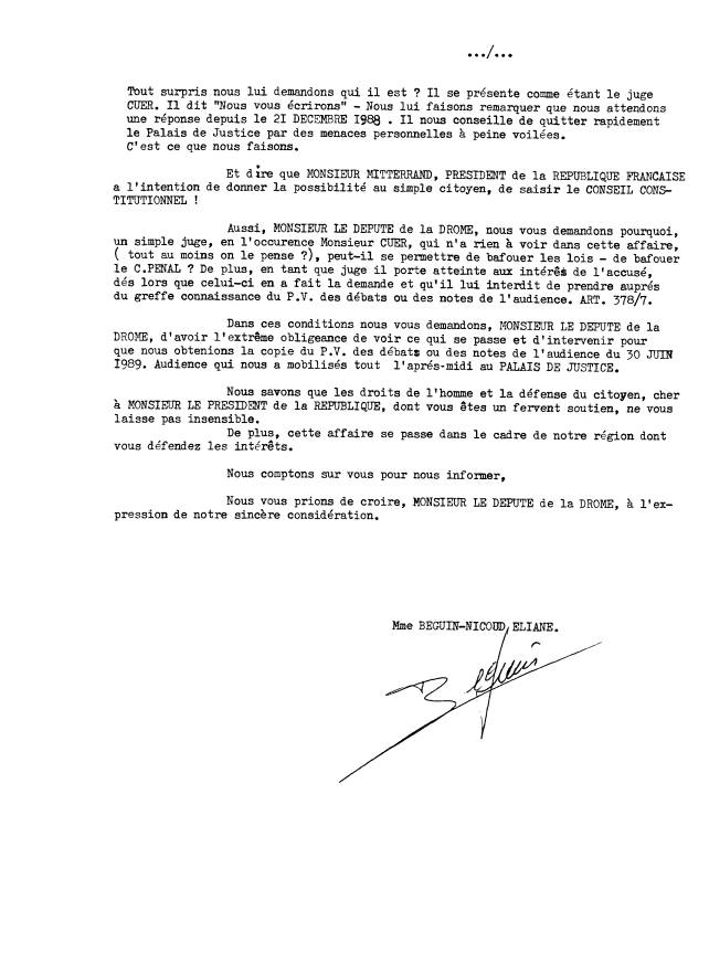 21 juillet 1989 - Lettre au député Alain Fort - je lui signale que le Greffier Hazane du TGI. de Valence à un Code qui date de 1979 - page2