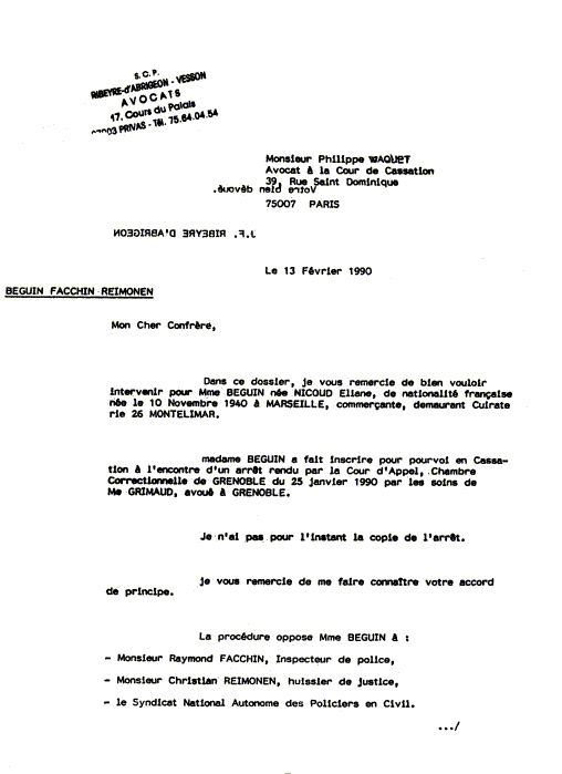 13 FEV. 1990 - Lettre de Ribeyre D'Abrigeon + copie a Waquet