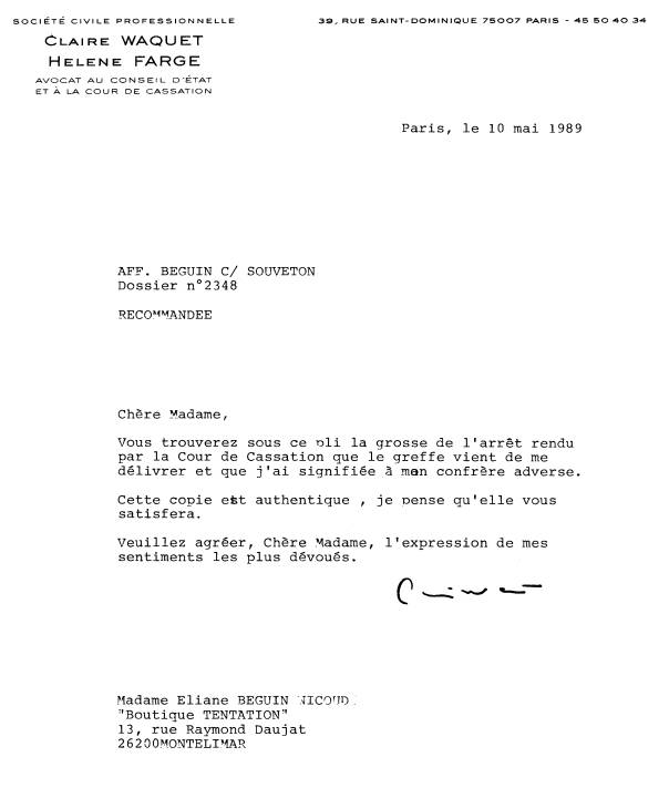 10 mai 1989 - Lettre AR.1022 de Claire WAQUET - Grosse Arrt rendu par Cour de Cassation