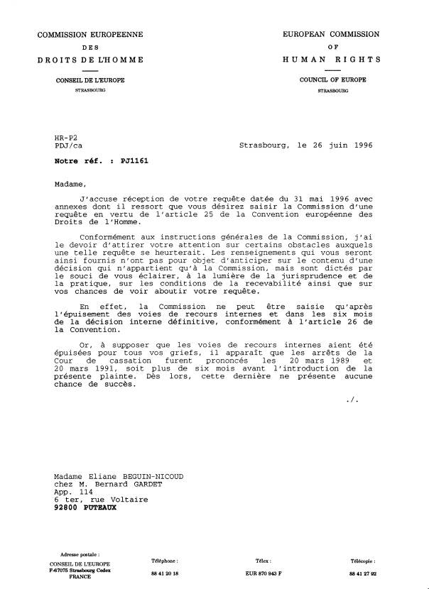 26 juin 1996, accusé de réception de ma requête auprès de la Commission européenne