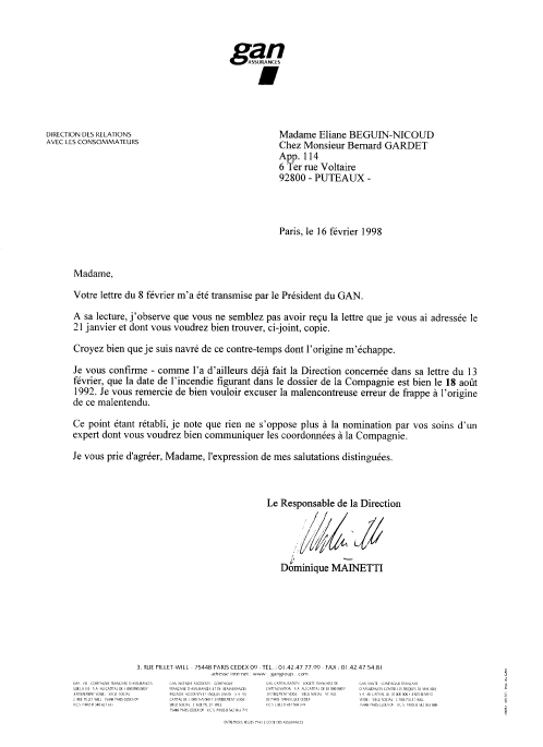 Didier PFEIFFER Président du GAN a transmis ma lettre du 8 février 1998 a Dominique MAINETTI