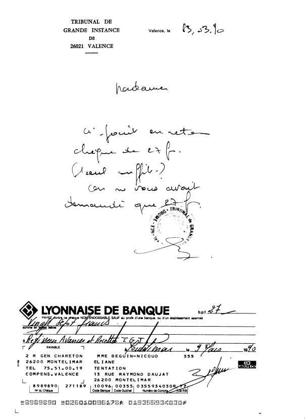 13/03/1990 - Reponse du TGI de Valence + retour de mon chque -